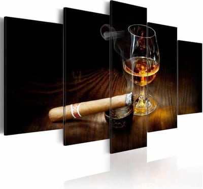 Schilderij - Moment of glory, sigaar en drankje, 5 luik, Zwart/Bruin, 2 maten, Premium print