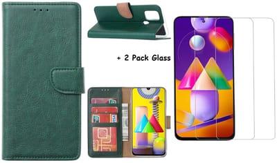 Hoesje Geschikt Voor Samsung Galaxy M31S Boek Hoesje / Wallet cover - Groen Met 2X glas Screenprotector