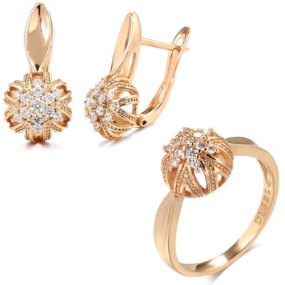 Ensembles de Boucles d'Oreilles et Bague Or Rose de Luxe pour Femmes Zircon Naturel Fleurs Creuses Boucles d'Oreilles Magnifiques Ensembles de Bijoux de Mariage 8 beige