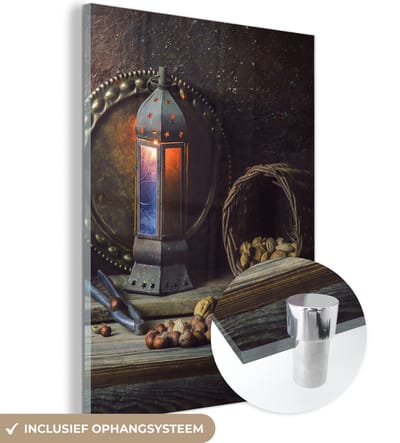 MuchoWow® Glasschilderij 120x160 cm - Schilderij acrylglas - Boek - Stilleven - Walnoot - Lantaarn - Vintage - Foto op glas - Schilderijen