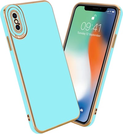 Cadorabo Hoesje geschikt voor Apple iPhone X / XS in Glossy Turqouise - Rose Goud - Beschermhoes van flexibel TPU-silicone Case Cover en met camerabescherming