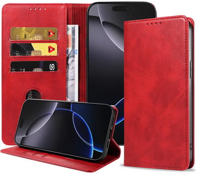 Smartphonica Telefoonhoesje Geschikt voor iPhone 16 Pro Max Kunstleer met Magnetische sluiting en Pasjeshouders Bookcase met Klepje - Rood geschikt voor iPhone 16 Pro Max