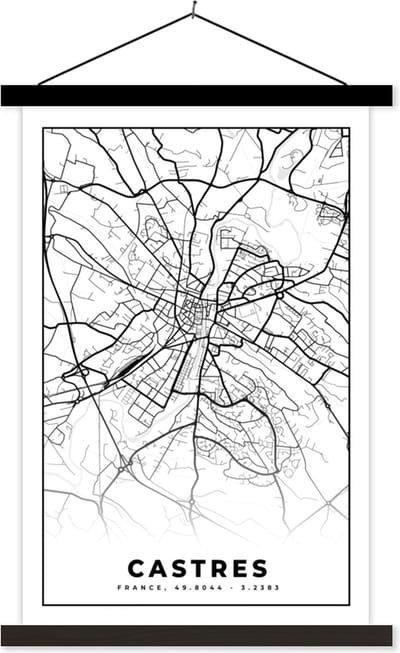Posterhanger incl. Poster 40x60 cm - Schoolplaat - Frankrijk - Kaart - Castres - Plattegrond - Stadskaart - Zwart wit - Textielposter - Zwarte latten - Stadskaart