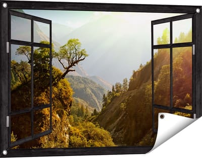 Gards Tuinposter Doorkijk Bos in de Bergen met Zonneschijn - Kleur - 90x60 cm - Tuindoek - Tuindecoratie - Wanddecoratie buiten - Tuinschilderij