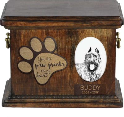 Persoonlijke urn hond voor Bouvier des Flandres met foto en as.