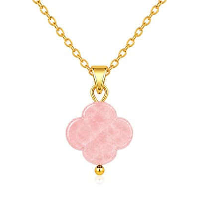 Bixorp Rozenkwarts Klavertje Vier Ketting - Stainless Steel Goudkleurig - Geluksklaver Bedel - Chakra Schakelketting - 45cm + 5cm verstelbaar