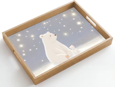 Dienblad hout 50x35 cm - Schootdienblad - Ijsbeer - Sneeuw - Sterren - Blauw - Borrelplank rechthoek - Plateau dienbladen