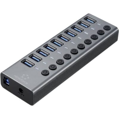 Renkforce RF-6027504 RF-6027504 USB-hub 10 poorten USB-A USB 3.1 Gen2 10 GBit/s Individueel schakelbaar, Met aluminium behuizing Zilver-zwart