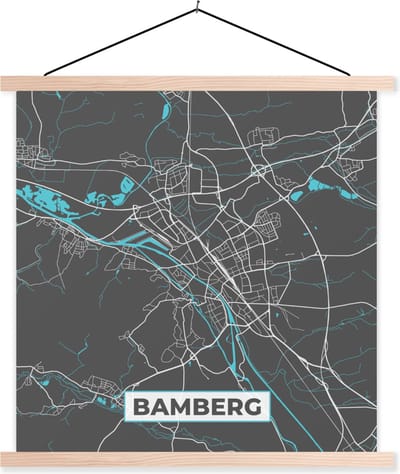 Posterhanger incl. Poster 120x120 cm - Schoolplaat - Stadskaart – Plattegrond – Duitsland – Blauw – Bamberg – Kaart - Textielposter - Blanke latten - Stadskaart