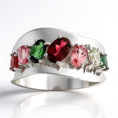 Cavill - Zilveren Ring - 925 Sterling Zilver Gerhodineerd - Braziliaanse Roze en Groene Toermalijn 1.355 ct - Ovale Edelsteen Ring Modern Kleurrijk