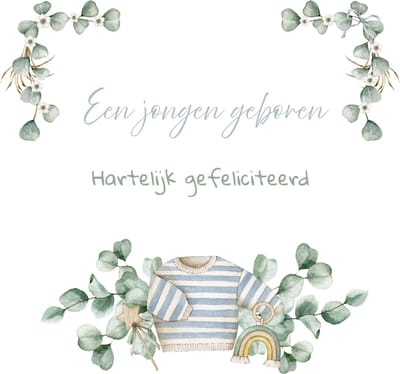 Wenskaart gefeliciteerd geboorte jongen blauw gestreept truitje eucalyptustakjes – 13x13 cm – gevouwen kaart – inclusief witte envelop – stevig papier – geboortekaart jongen