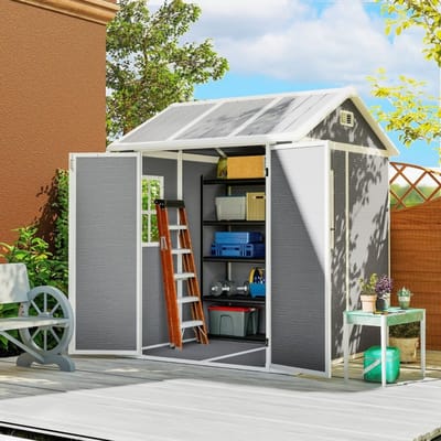 MEUNIQ Tuinschuur 181 x 181 x 220 cm met raam, dubbele afsluitbare deur, ventilatieopeningen en vloer, kunststof tuinberging voor gereedschap en buitenopslag grijs