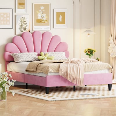 REDOM bedframe 140x200 cm – Fluweel roze – Bloemvormig hoofdbord – 12 latten – Draagvermogen 250 kg