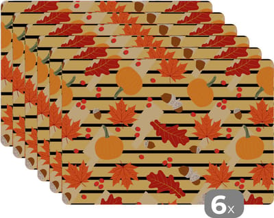 Placemat - Placemats kunststof - Pompoen - Bes - Bladeren - Herfst - Patroon - 45x30 cm - 6 stuks - Hittebestendig - Anti-Slip - Onderlegger - Afneembaar