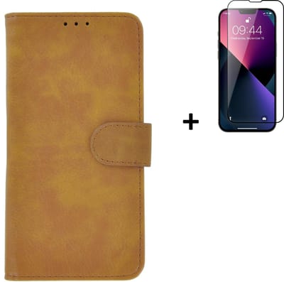 Hoesje Geschikt voor iPhone 13 Mini + Screenprotector iPhone 13 Mini - iPhone 13 Mini Hoes Wallet Bookcase Bruin + Full Tempered Glass
