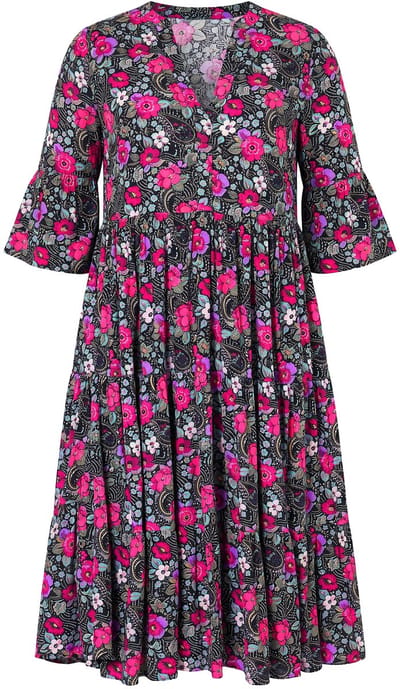 Studio Untold - Dames - Midi-jurk A-lijn bloemenpatroon - Zwart - Maat 46+
