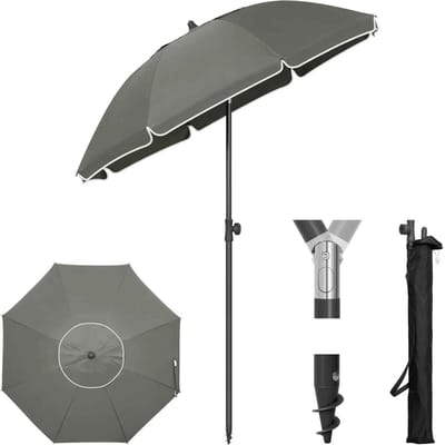 CORE Parasol - Kantelbaar - Kantelbare Strandparasol - 175cm Diameter - UV bescherming - Waterdicht en windbestendig - 175x148-205cm - Donker Grijs