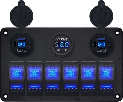 ProRide Schakelpaneel 12V voor Auto/Boot - USB C Lader 6 poorten met Voltmeter - QC3.0 - 6 Schakelaars
