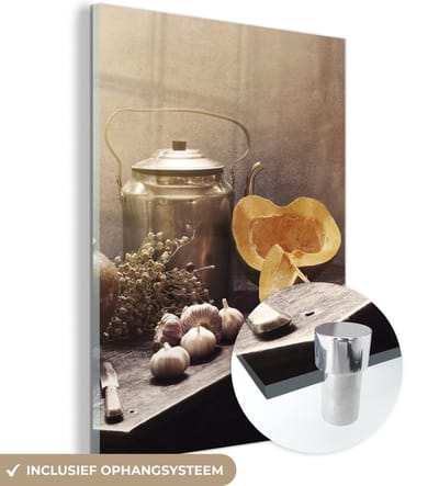 MuchoWow® Glasschilderij 120x160 cm - Schilderij acrylglas - Stilleven - Pompoen - Knoflook - Pan - Tafel - Foto op glas - Muurdecoratie woonkamer - Wanddecoratie slaapkamer - Schilderijen