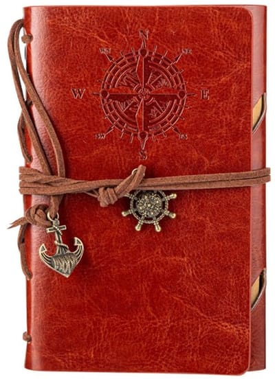 Leather Writing Journal Notebook, Tijdloos nautisch spiraalvormig gebonden notitieboek met blanco, ongevoerde vellen, ingewikkeld reliëf, roodbruin