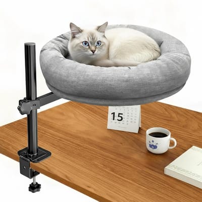 homegroove Kattenbureaubed, kattenbed voor bureau met 360° rotatie & in hoogte verstelbaar, met zacht kussen, 40 pond robuust stalen frame, afneembaar & wasbaar (grijs)