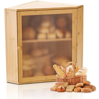 VEVOR Hoekbroodtrommel Dubbellaags Broodtrommel Broodtrommel Organizer Gemaakt van Hout voor Zelfgebakken Brood, Opbergdoos met Gegolfd Acryl Deurpaneel, Broodopslag Opslag Natuurlijk