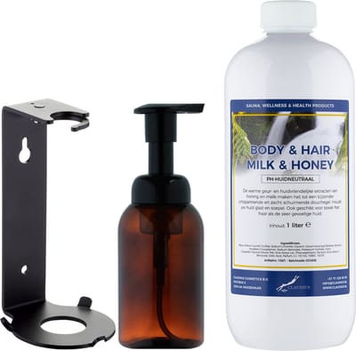 Zeepdispenser 300 ml amber bruin hervulbaar + 1 liter Body & Hair Milk & Honey navulling (inclusief beugel)