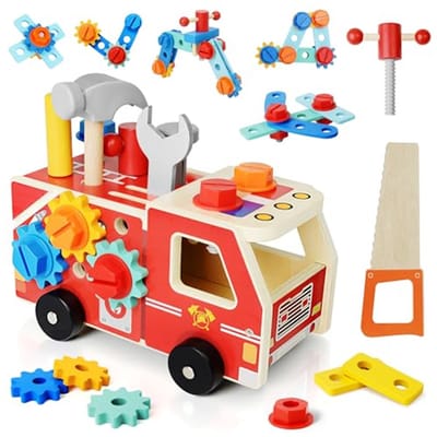 Montessori gereedschapset voor peuters, 32-delige houten brandweerwagen gereedschapskist, fantasiespel speelgoed voor kleuters, fijne motoriek, houten constructiespeelgoed, educatief cadeau voor jongens en meisjes
