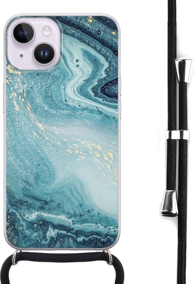 Hoesje met koord - Geschikt voor iPhone 14 - Marmer blauw - Verstelbaar zwart koord - Transparant, Blauw - Marmer - Leuke Telefoonhoesjes