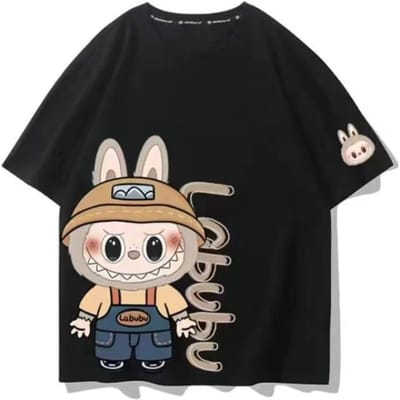 2025 Labubu 3D Print Cartoon Perifeer T-shirt Korte Mouw Koppel Heren en Dames Puur Veelzijdig Casual Schattige Top 3XL zwart