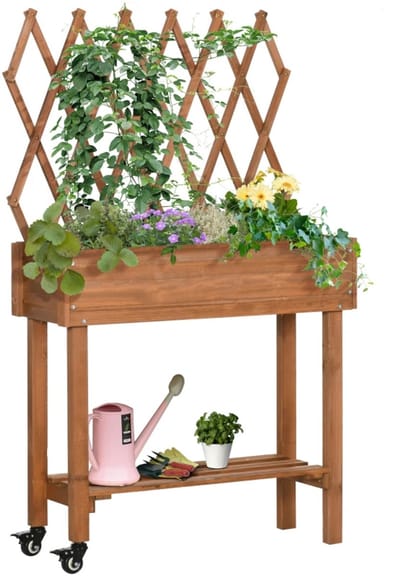 Grote Plantenbak met Klimrek - Verhoogde Bloembak met Opbergplank & Wielen - Plantenbed - Bloembed - Tuinbed - Kweekbak - Moestuinbak - voor Buiten, Terras, Tuin & Balkon - voor Groenten, Bloemen & Kruiden - 79 x 29 x 130 cm - Bruin