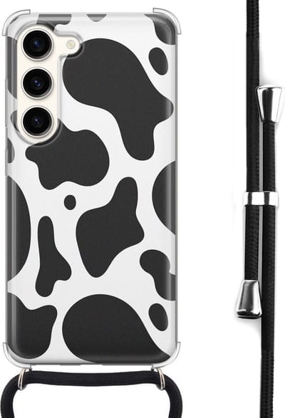 Hoesje met koord - Geschikt voor Samsung Galaxy S23 - Koeienprint - Verstelbaar zwart koord - Crossbody - Print / Illustratie - Zwart, Transparant, Wit - Leuke Telefoonhoesjes
