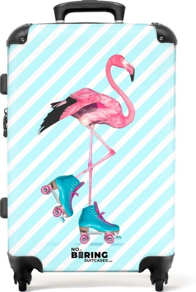 NoBoringSuitcases.com® - Koffer groot - Rolkoffer lichtgewicht - Flamingo met blauwe rolschaatsen - Reiskoffer met 4 wielen - Grote trolley XL - 20 kg bagage