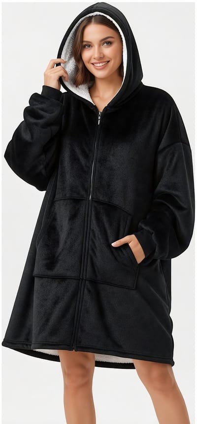 Hoodie Deken met Rits – Fleece Deken met Mouwen – Oversized Hoodie – Deken Trui – Zwart