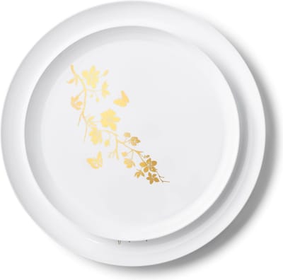 Decorline -20 Luxe herbruikbaar kunststof Partyservies - Wit met Goud Rand-Garden Collectie.Feestbordjes voor Kerstmis,Bruiloften, Verjaardagen, Feesten en Evenementen.