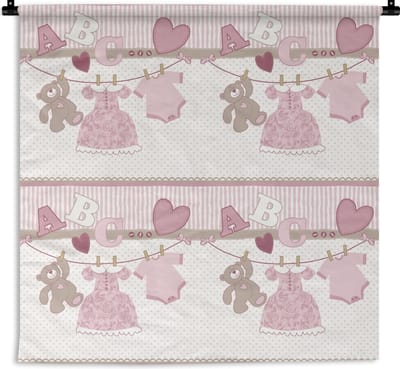Wandkleed - Wanddoek - Baby kleren - Meisje - Knuffelbeer - Waslijn - Design - 180x180 cm - Wandtapijt