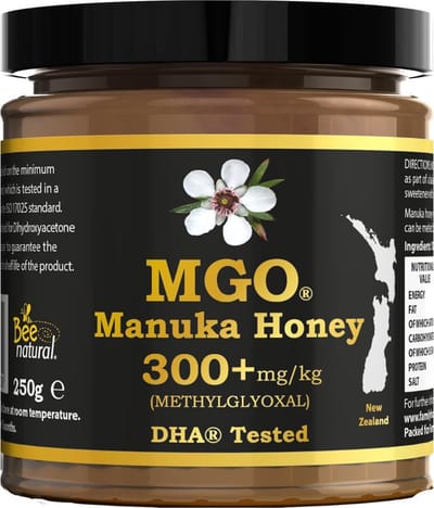 Bee Natural MGO 300+ Manuka Honing in een milieuvriendelijke echt glazen pot van ongekleurd glas * 250G Premium Monoflorale ManukaHoning uit Nieuw-Zeeland # T.h.t. 01-03-2027 # MGO 182 = UMF 8, 250 = UMF 9, 300 = UMF 10, 310 = UMF 11, 400 = UMF 12