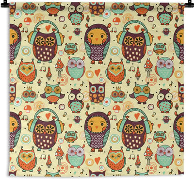 Wandkleed - Wanddoek - Uil - Koptelefoon - Patroon - 180x180 cm - Wandtapijt