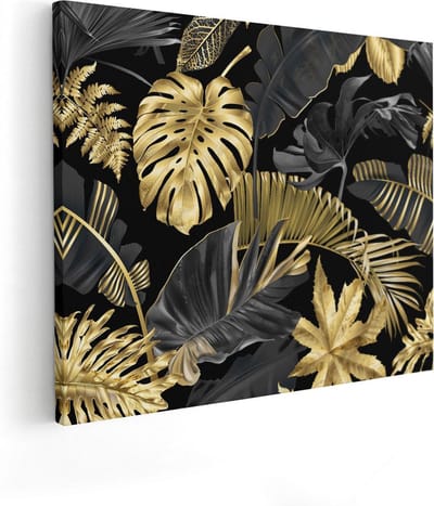 Artaza Canvas Schilderij Botanisch Bladeren - 100x80 cm - Groot - Wanddecoratie Jungle - Muurdecoratie Botanisch - Schilderijen Op Canvas Goud Zwart