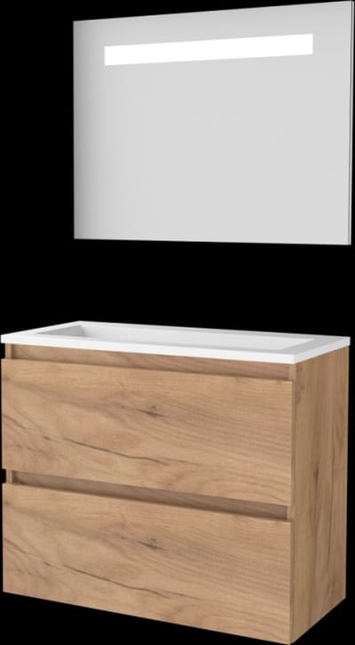 Basic-Line Economic 39 Badkamermeubelset - Ondiep - 80 x 39 cm - Greeploos - 2 Lades - Acryl Wastafel - Zonder Kraangat - Spiegel met LED Verlichting - Whisky Oak
