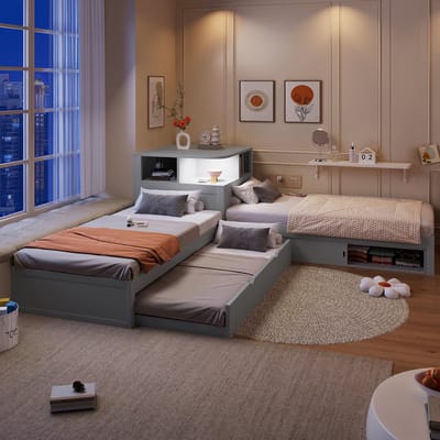 Kinderbed Hoekplatformbed, L-Vormig Platformbed Van 90X200 cm Met Uitschuifbaar Bed En Opbergruimte Met Schuifdeur, Inclusief Nachtlampje.-Grijs