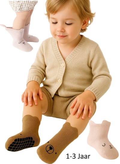 Peuter Antislip Sokken – Maat L (1–3 jaar) – 3 Paar – Beer Design – Roze, Blauw & Bruin – Katoen – Zachte Kindersokken met Grips – All Season