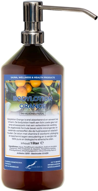 Bodylotion Orange 1 Liter met luxe RVS zilverkleurige pomp - stijlvolle en duurzame uitstraling
