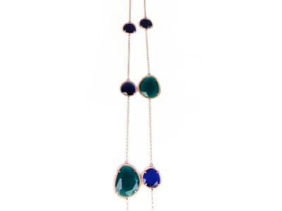 Lange zilveren collier halsketting roos goud verguld Model Magic Colors gezet met blauwe en groene stenen
