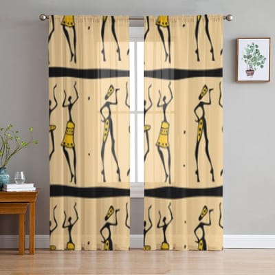 Afrikaanse Dansers Tule Transparante Raamgordijnen Voor Woonkamer De Slaapkamer Moderne Chiffon Voile Organza Gordijnen Decoratie Draperieën 135W x 114H(cm) beige