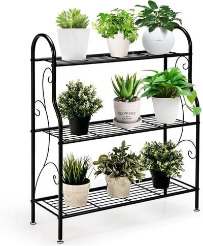 KOMFOTTEU Metalen plantenstandaard, bloementrap voor buiten, bloemenrek, plantentrap voor tuin, balkon, zwart (rechthoekig met bloemenpatroon)