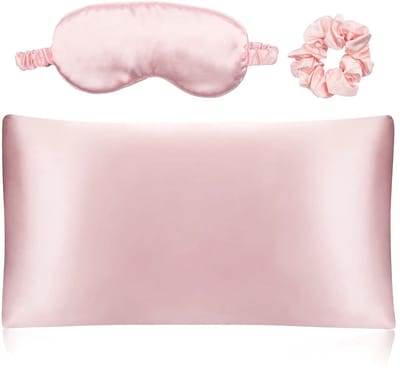 Intirilife Slaapset 3-delig in roze - slaapmasker, kussenhoes , haarband in satijn - zachte slaapbril voor dames, oogmasker, haarband, lichtdichte oogband om te slapen tijdens het reizen, cadeau