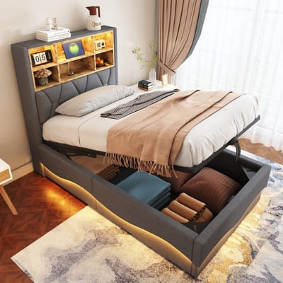 DESMIU Gestoffeerd Bed 90x200cm Zonder Matras Hydraulische Opbergruimte Met Ledverlichting Usb Oplaadpunt Voor Kinderkamer En Jeugdkamer Linnenlook Grijs