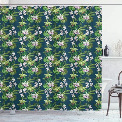 ABAKUHAUS Douchegordijn – Orchideeën Bananenblad – 175x200 cm – Nachtblauw-Ferngroen