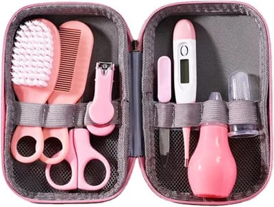 8-Delige Baby Verzorgingsset – Roze – Kam, Borstel, Nagelschaar, Vijl, Thermometer & Meer – Complete Babyverzorging – Kraamcadeau